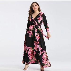MAXI DRESS PLUS SIZE BLACK & PINK FLATTERING FLORAL WRAP SUMMER DRESS